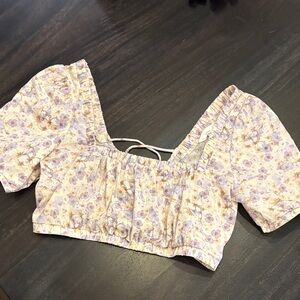 Linen Cotton Square Neck Floral Puff Sleeve Crop Top with corset back